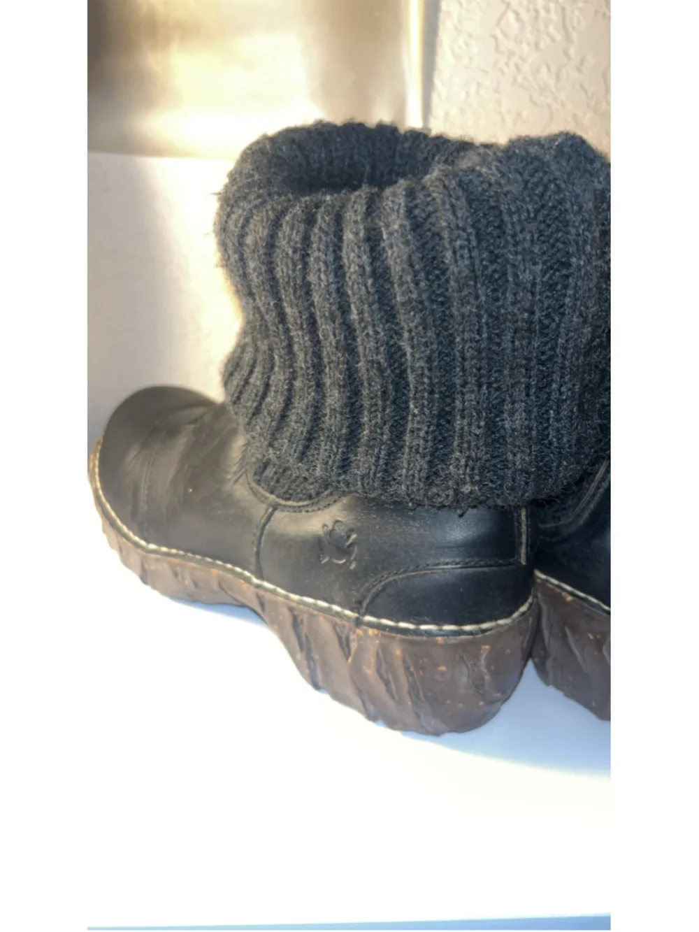 Women's el naturalista Black Leather Winter Boots with Knit Cuff